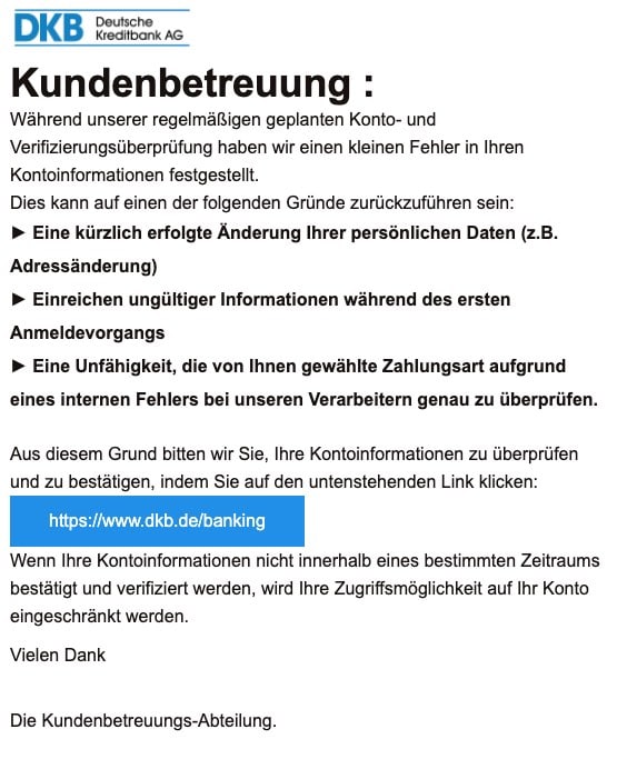 2020-08-06 DKB Bank Phishing-Mail Spam Kundenbetreuung