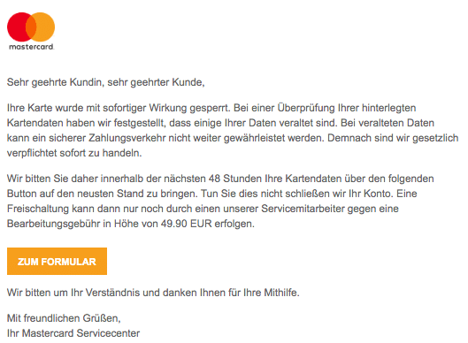 2020-08-11 Mastercard Spam-Mail Sperrung Ihrer Karte