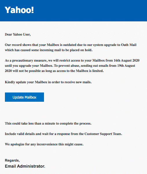 2020-08-17 Yahoo Spam Fake-Mail Yahoo Maintenance Alert