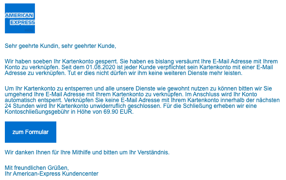 2020-08-05 American Express Spam Fake-Mail Sperrung Ihres Kartenkontos