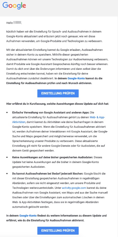 2020-08-06 Google E-Mail Wir haben deine Sprach- und Audioeinstellung aktualisiert