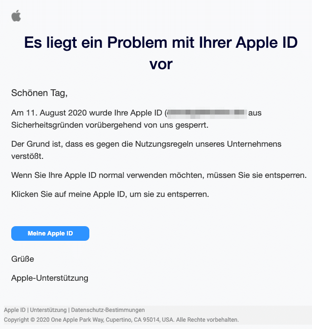 2020-08-14 Apple Spam-Mail Es liegt ein Problem mit Ihrer Apple ID vor