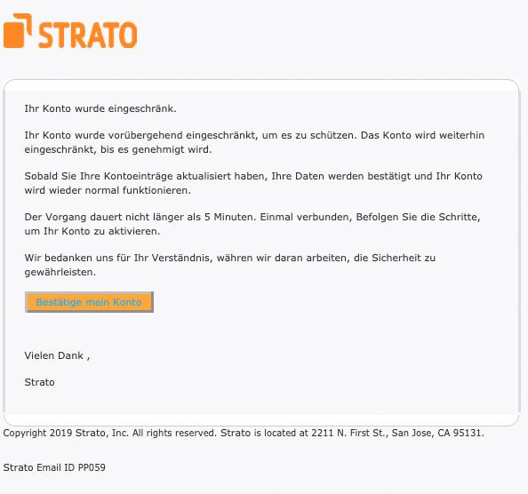 2020-08-14 Strato Spam-Mail Fake Ihr Vertrag wurde gesperrt
