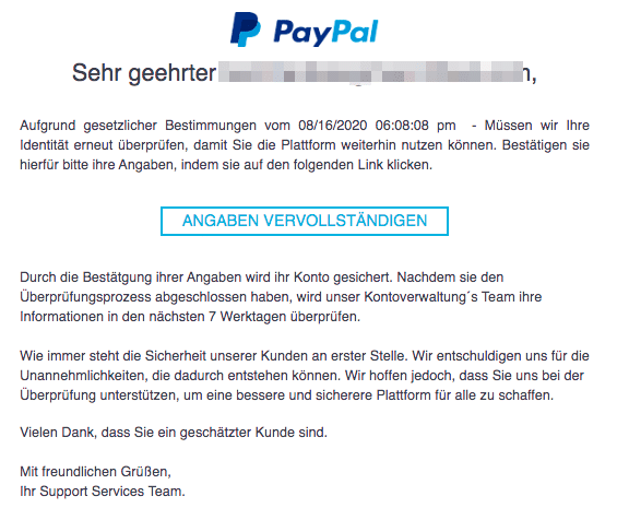 2020-08-17 PayPal Fake Spam-Mail Kontoverwaltung