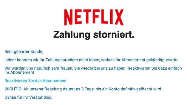 2020-08-21 Netflix Spam Fake-Mail OTP NetfIix Zahlung storniert