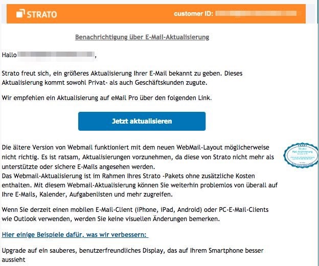 2020-08-21 Strato Spam Fake-Mail Neue E-Mail verfuegbar Aktualisieren alle Kunden empfohlen