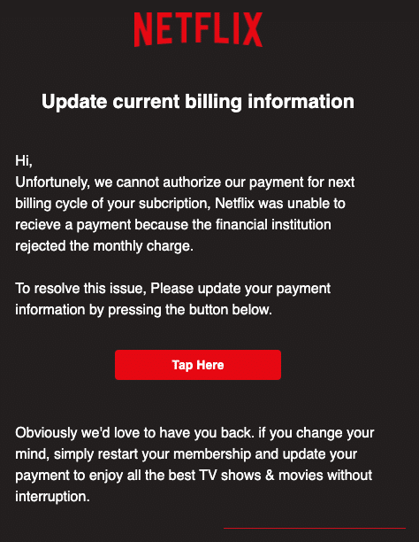 2020-08-25 Netflix Spam Fake-Mail Billing Information