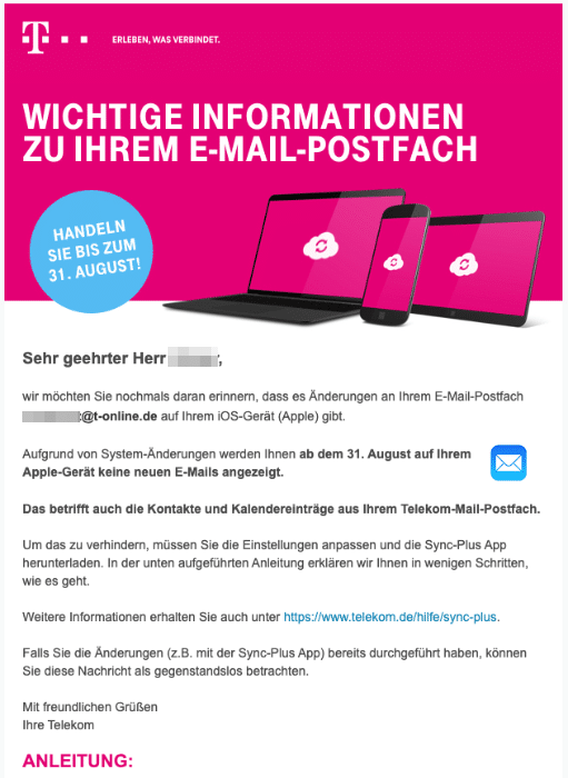 2020-08-26 Telekom E-Mail Handlungsbedarf Aendern Sie Ihre E-Mail-Einstellung bis zum 31 August