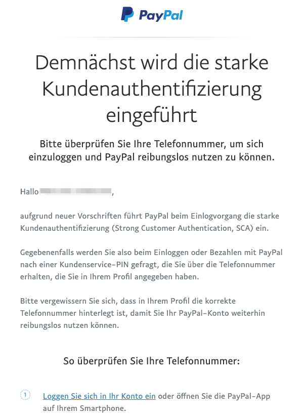 2020-08-31 PayPal E-Mail Denken Sie daran Ihre Telefonnummer zu überprüfen