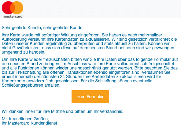 2020-09-01 Mastercard Spam Fake-Mail Ihre Karte wurde eingefroren