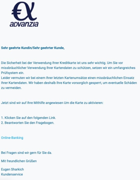 2020-09-16 Advanzia Bank Spam Fake-Mail Sicherheitshinweis