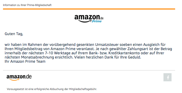 Amazon E-Mail Ihr Ausgleich für die vorübergehend gesenkte Umsatzsteuer