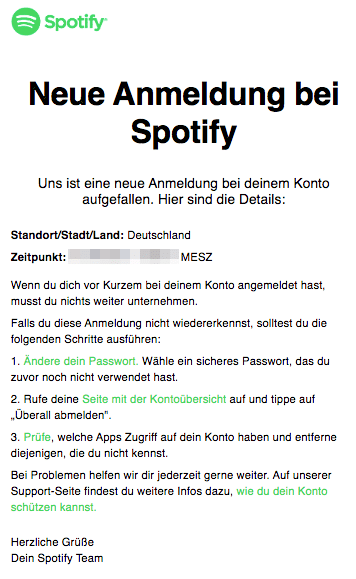 Spotify E-Mail Neue Anmeldung bei Spotify