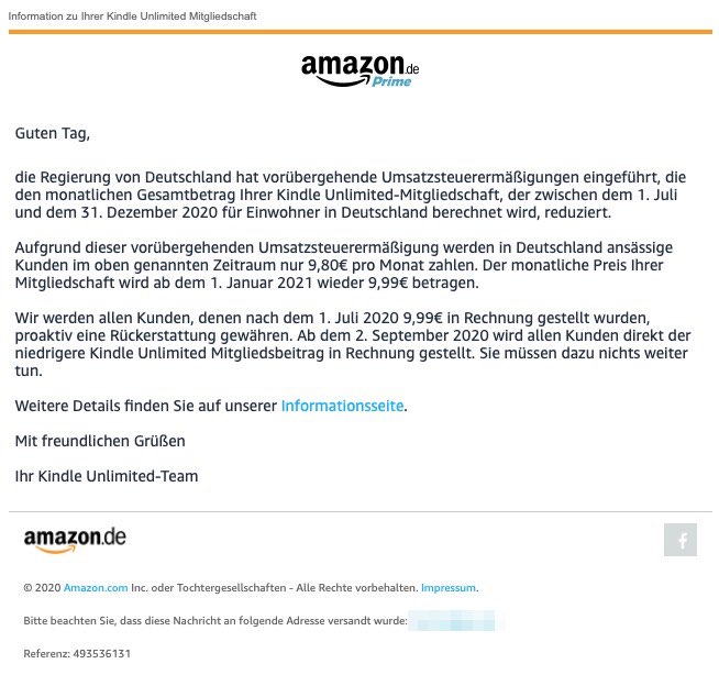 2020-09-07 Amazon E-Mail Kindle Unlimited – Information zur Umsatzsteuerermaessigung