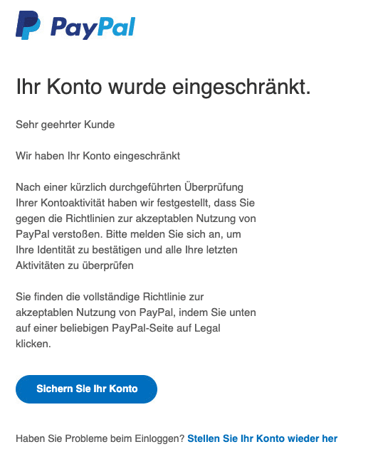PayPal Phishing aktuell Diese EMails sind Betrug (Spam Übersicht)