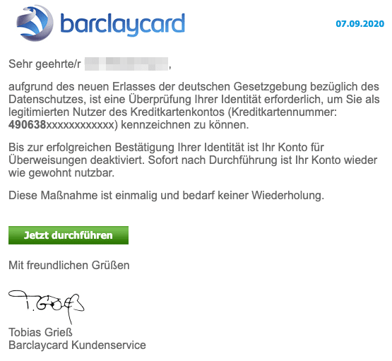 2020-09-08 Barclaycard Spam Fake-Mail Mitteilung zur Sperrung Ihres Kontos