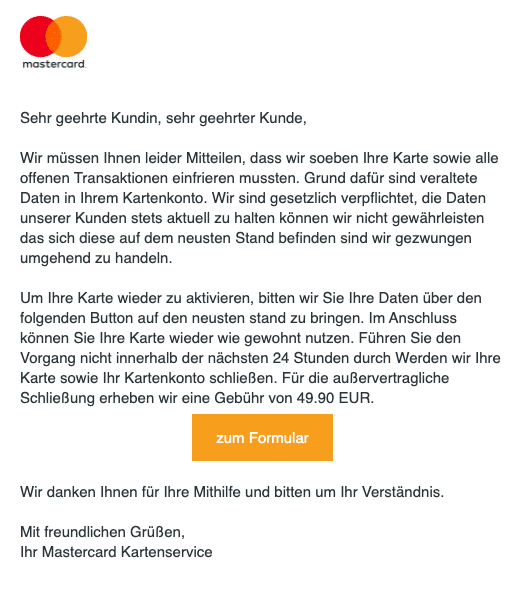 2020-09-08 Mastercard Spam Fake-Mail Schliessung Ihrer Karte