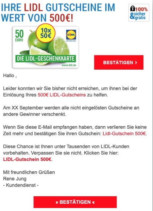 2020-09-14 Lidl SPam Fake-Mail Gutschein 500 Euro