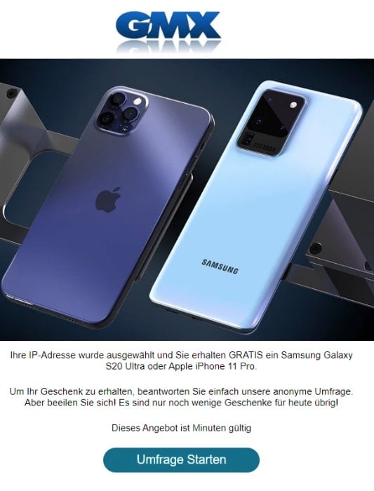 2020-09-17 GMX Spam Fake-Mail Sie haben ein iPhone gewonnen ord Samsung