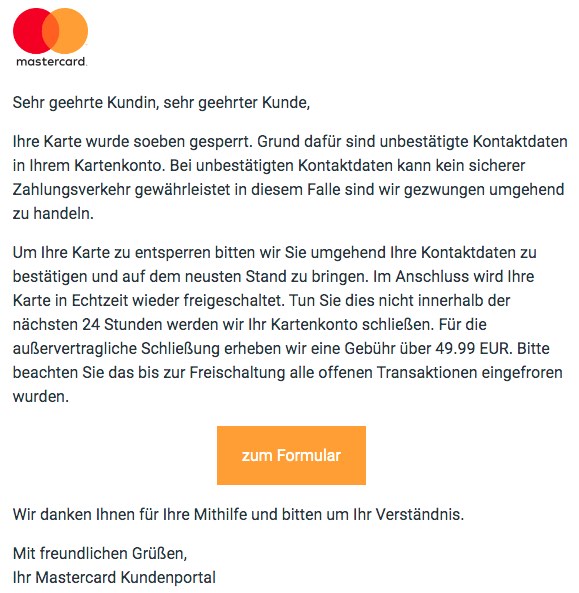 2020-09-20 Mastercard Spam-Fake-Mail Ihre Karte wurde soeben gesperrt