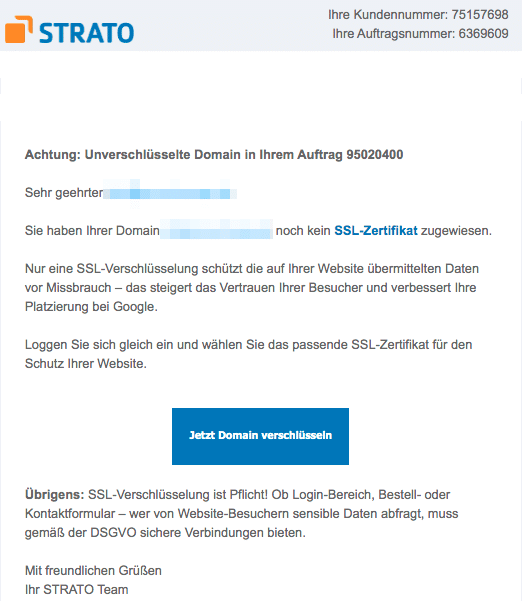 2020-09-22 Strato Spam-Mail Fake Achtung Unverschluesselte Domain in Ihrem Auftrag