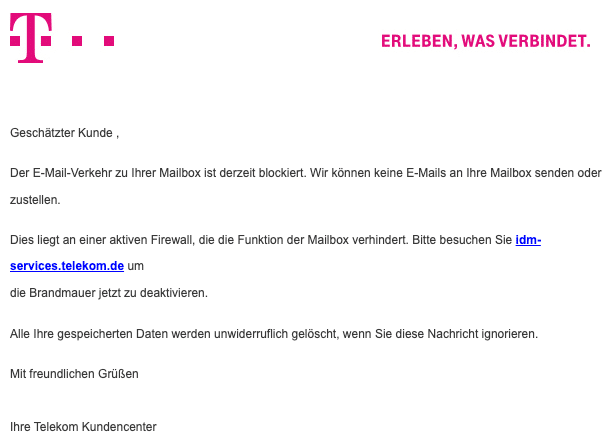 2020-09-28 Telekom Spam Phishing-Mail Der E-Mail-Verkehr zu Ihrer Mailbox ist derzeit blockiert