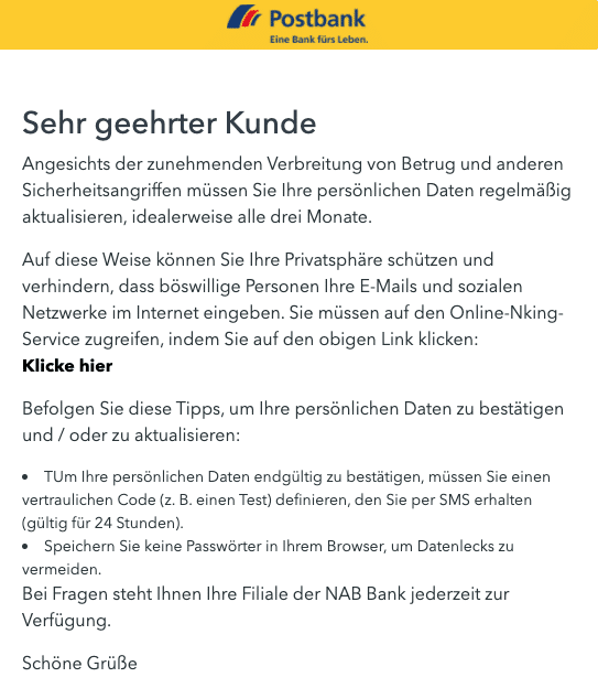 2020-09-29 Postbank SPam Fake-Mail Aktualisieren Sie Ihre Bankdaten