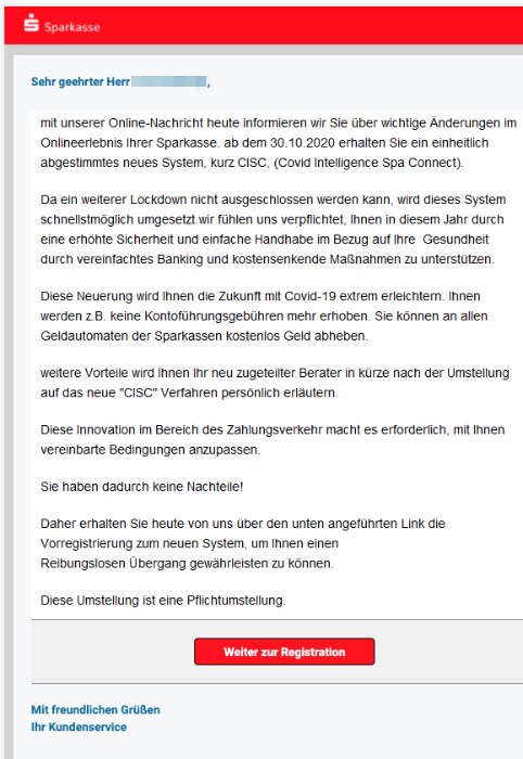 2020-10-02 Sparkasse Spam Fake-Mail Das neue CISC System