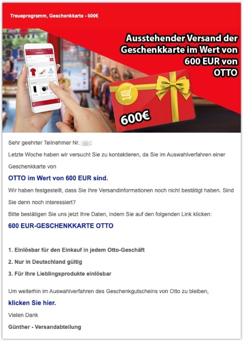 2020-10-06 Otto Spam-Mail Ausstehende Bestaetigung der OTTO Geschenkkarte