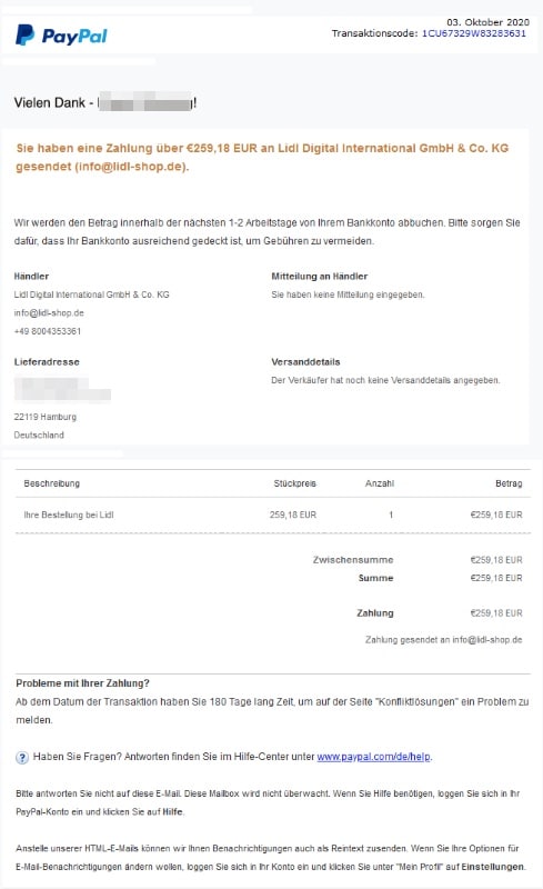 2020-10-05 PayPal Spam-Mail Ihre Zahlung an Lidl