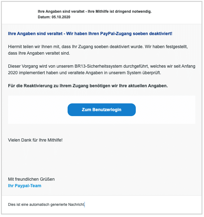2020-10-06 PayPal Spam Fake-Mail Ihr Zugang wurde soeben deaktiviert