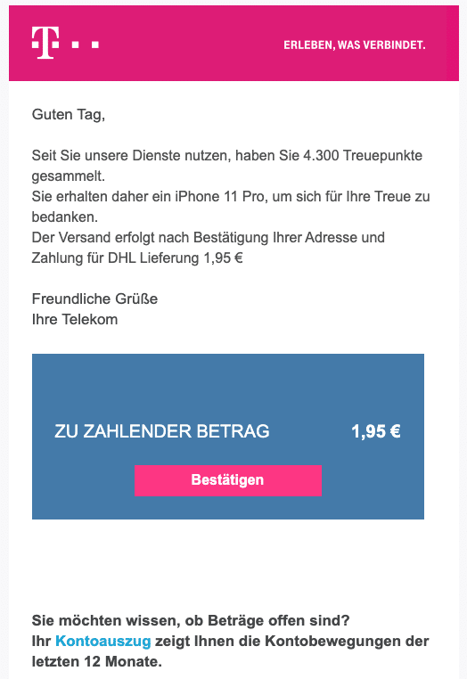 2020-10-06 Telekom SPam-Mail Abofalle ein Geschenk für Ihre Treue