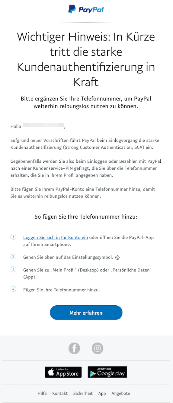 Ergänzen Sie z2020-10-09 PayPal Ergänzen Sie Ihre Telefonnummerur Sicherheit bitte unbedingt Ihre Telefonnummer