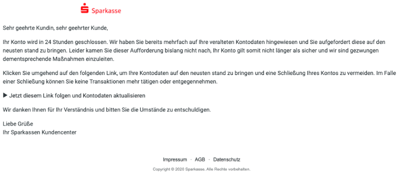 2020-10-22 Sparkasse Fake-Mail Spam Sicherheitswarnung