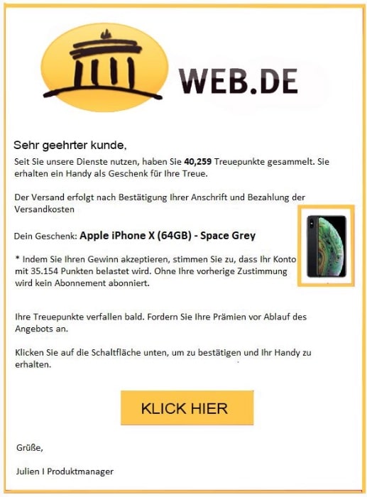 2020-10-22 web-de Spam Fake Abofalle iPhone X