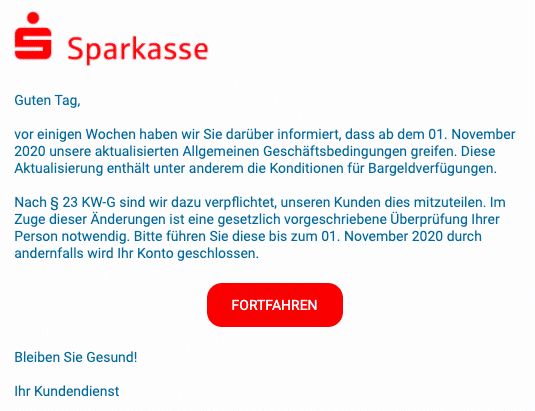 2020-10-30 Sparkasse Spam-Mail Aktualisierung der Allgemeinen Geschaeftsbedingungen