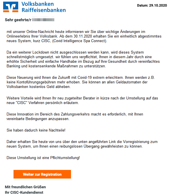 2020-10-30 Volksbank Spam Fake-Mail Umstellung auf das CISC-System