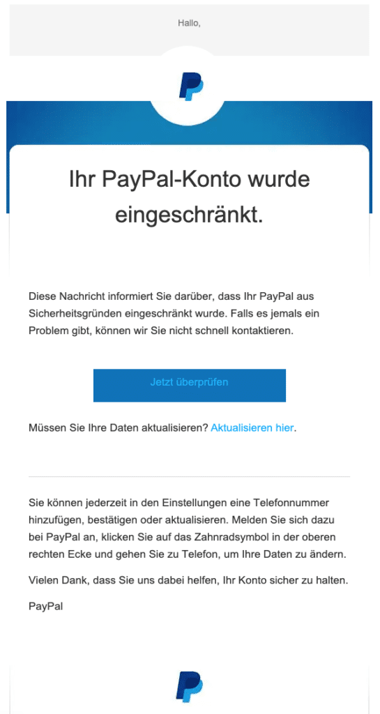 PayPal Phishing aktuell Diese EMails sind Betrug (Spam Übersicht)